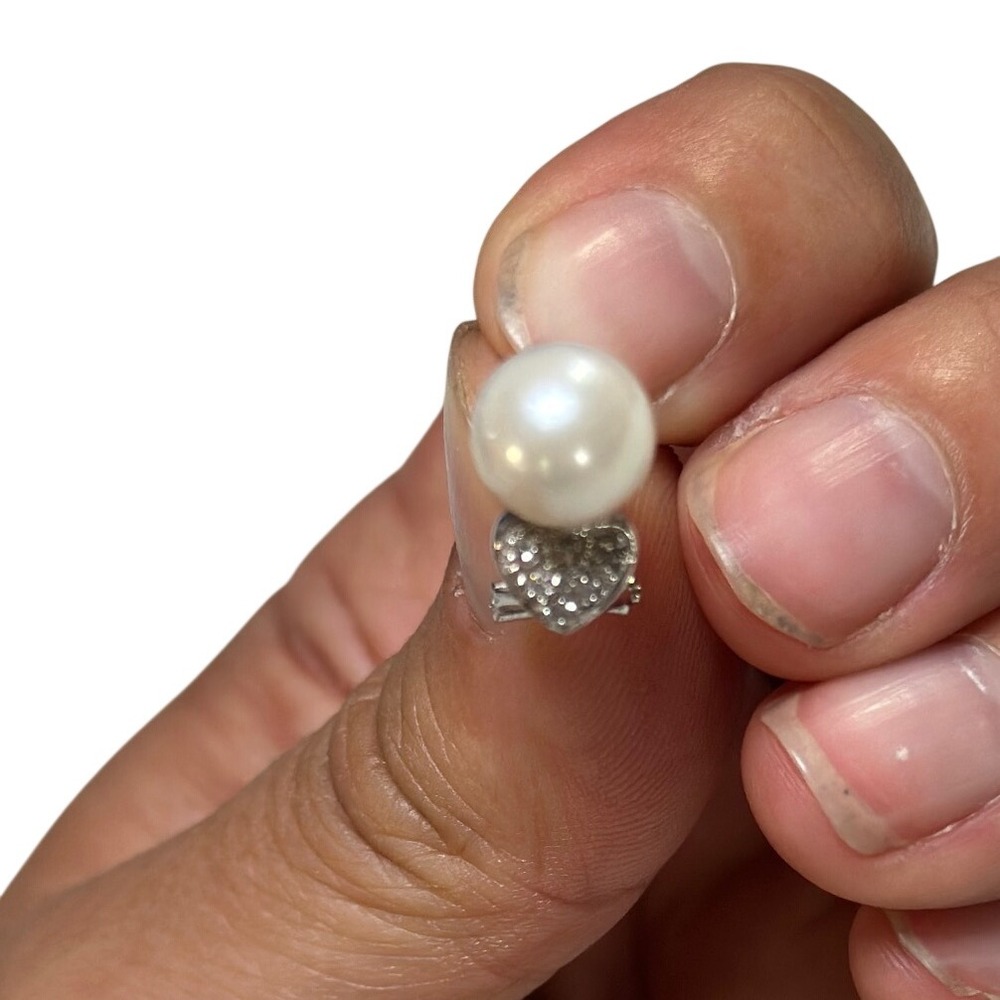 Unbranded Pearl Heart Earrings Womens Silver White Pave Studs Omega Back